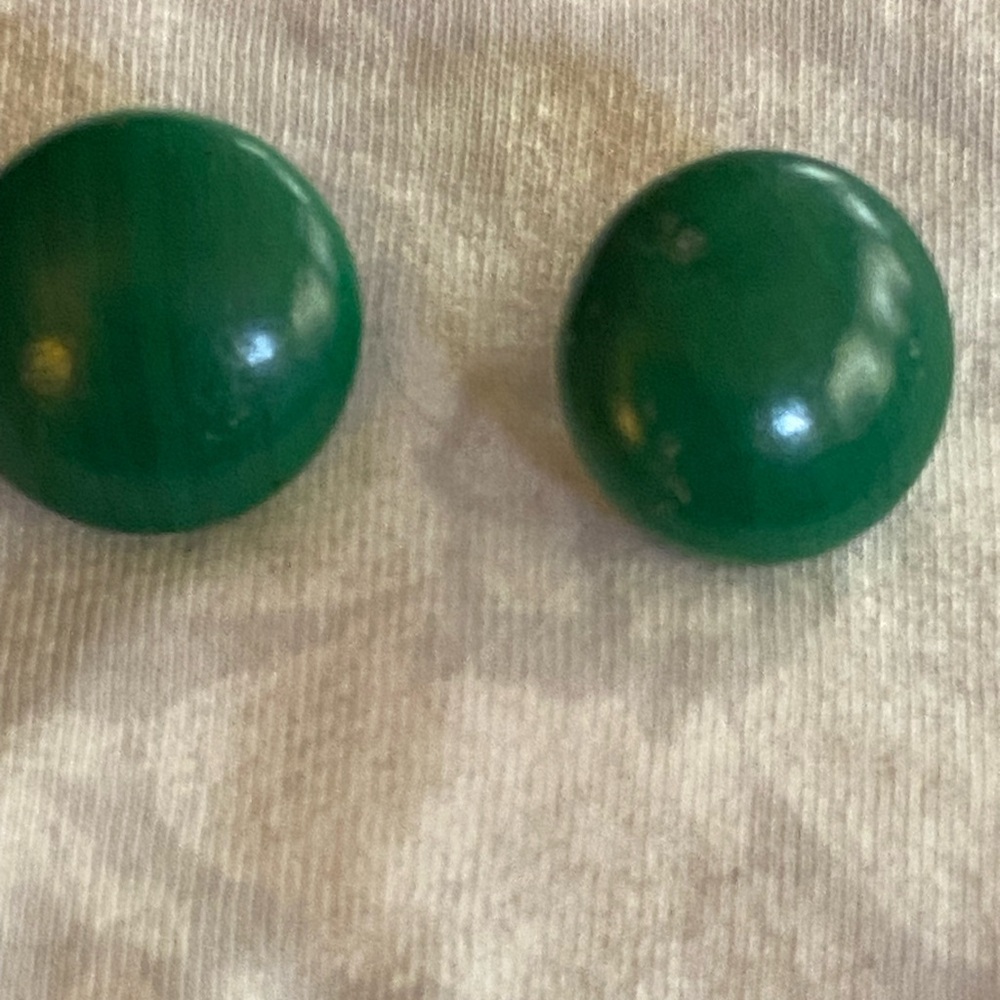 Vintage West Germany Green Wooden Button Clip On Earring W Copper? Clip Backings